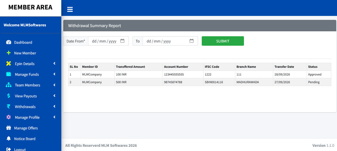 Unilevel Plan member panel screenshot