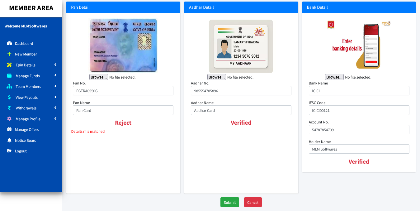 Unilevel Plan member panel screenshot