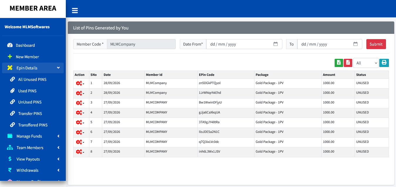 Unilevel Plan member panel screenshot