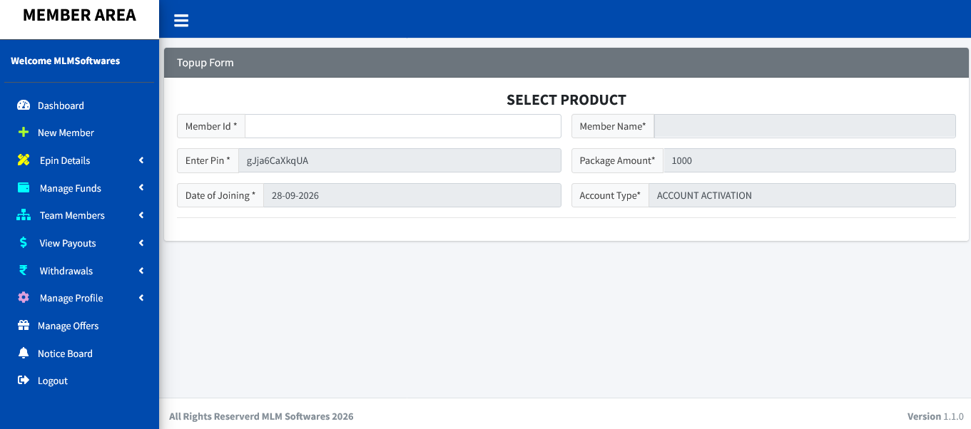 Unilevel Plan member panel screenshot
