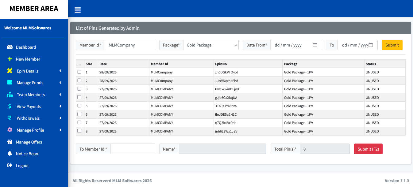 Unilevel Plan member panel screenshot