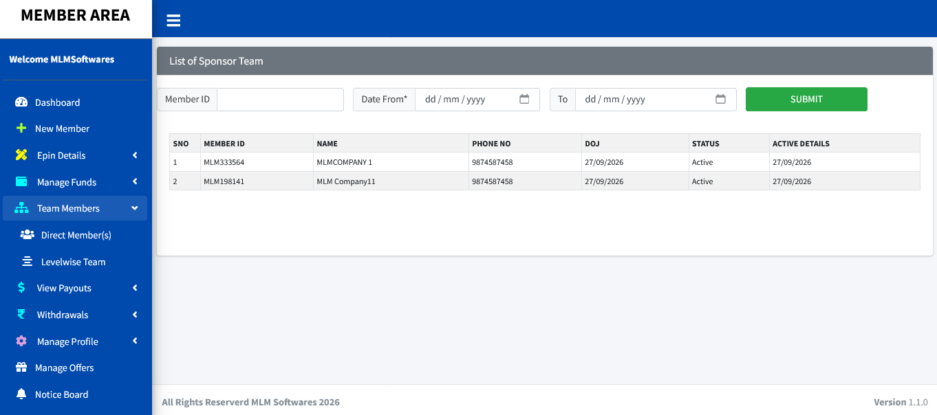 Unilevel Plan member panel screenshot