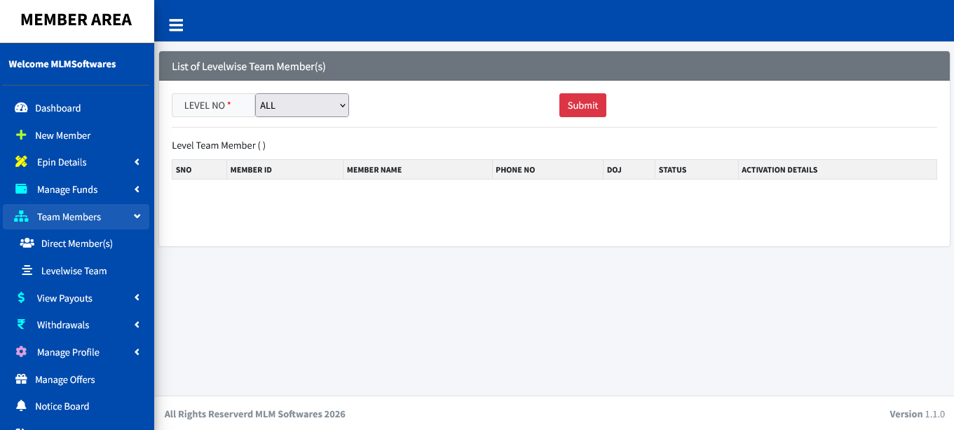 Unilevel Plan member panel screenshot