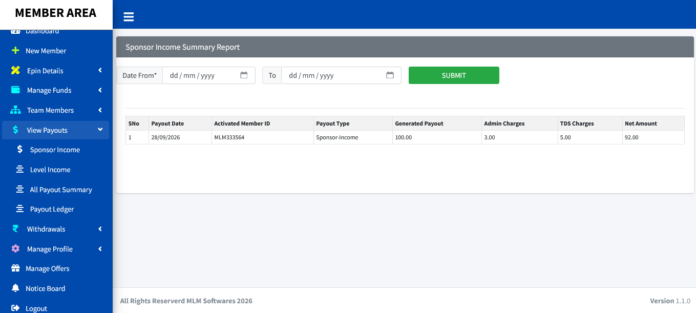 Unilevel Plan member panel screenshot